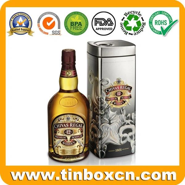 Empty 3D Embossed Metal Whisky Tin Box for Wine Bottle Packaging