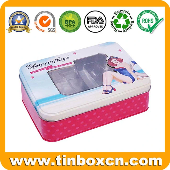 Promotional Cosmetics Rectangle Tin Box with Transparent Window and Inserts for Face Cream Lotions Shampoos Powders, Rectangular Metal Packaging Box