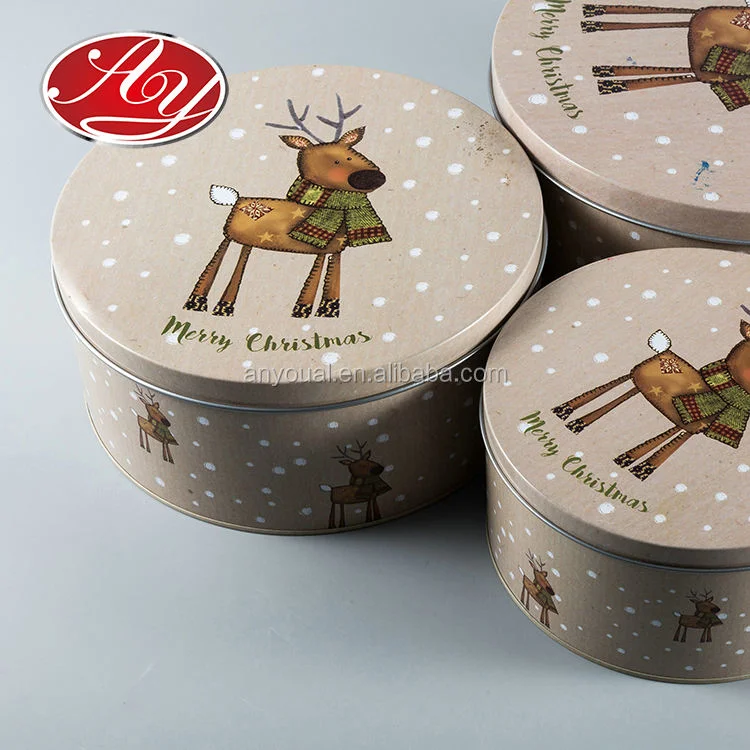 Three-Piece Christmas Elk Round Food Gift Candy Metal Large Tin Box