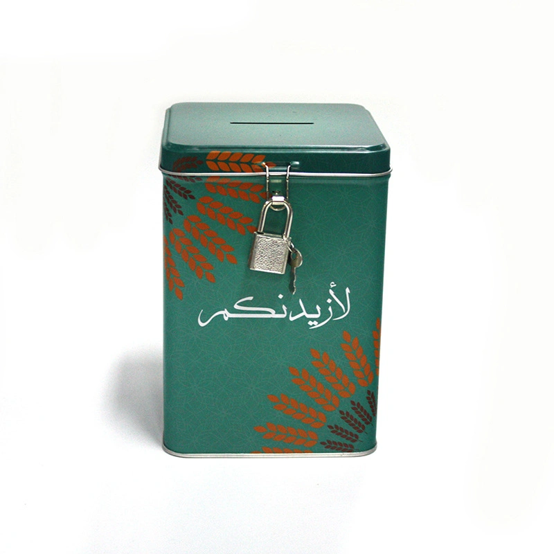 Custom Square Loose Tea Packaging Tin Can Tin Coin Bank with Lock