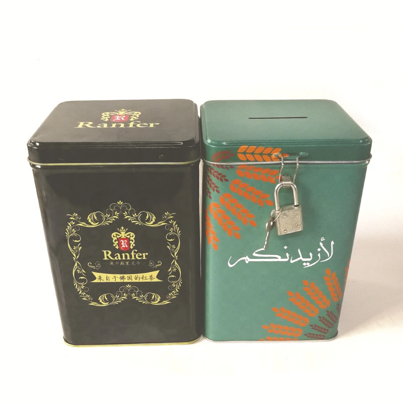 Custom Square Loose Tea Packaging Tin Can Tin Coin Bank with Lock