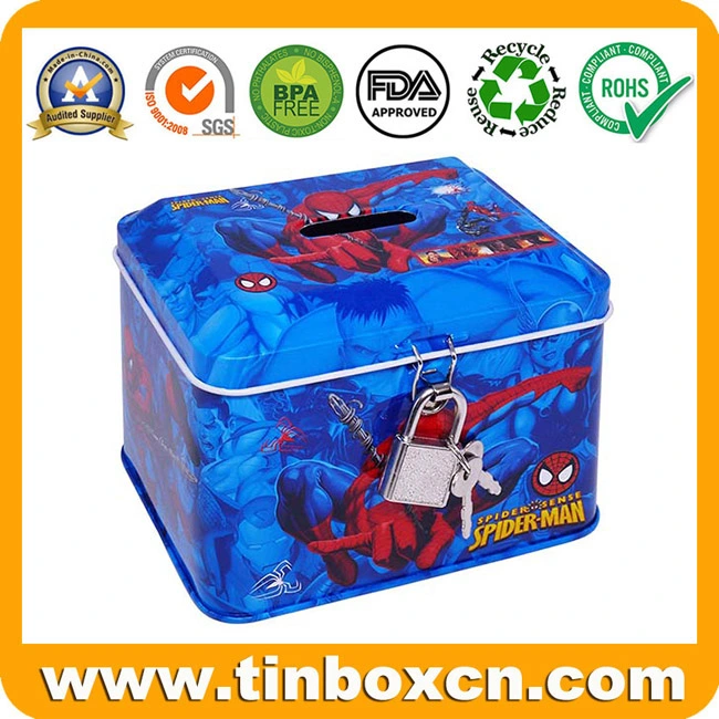 Customized Kids Spider-Man Rectangle Money Box Metal Tin Coin Bank with Lock for Piggy Bank Gifts